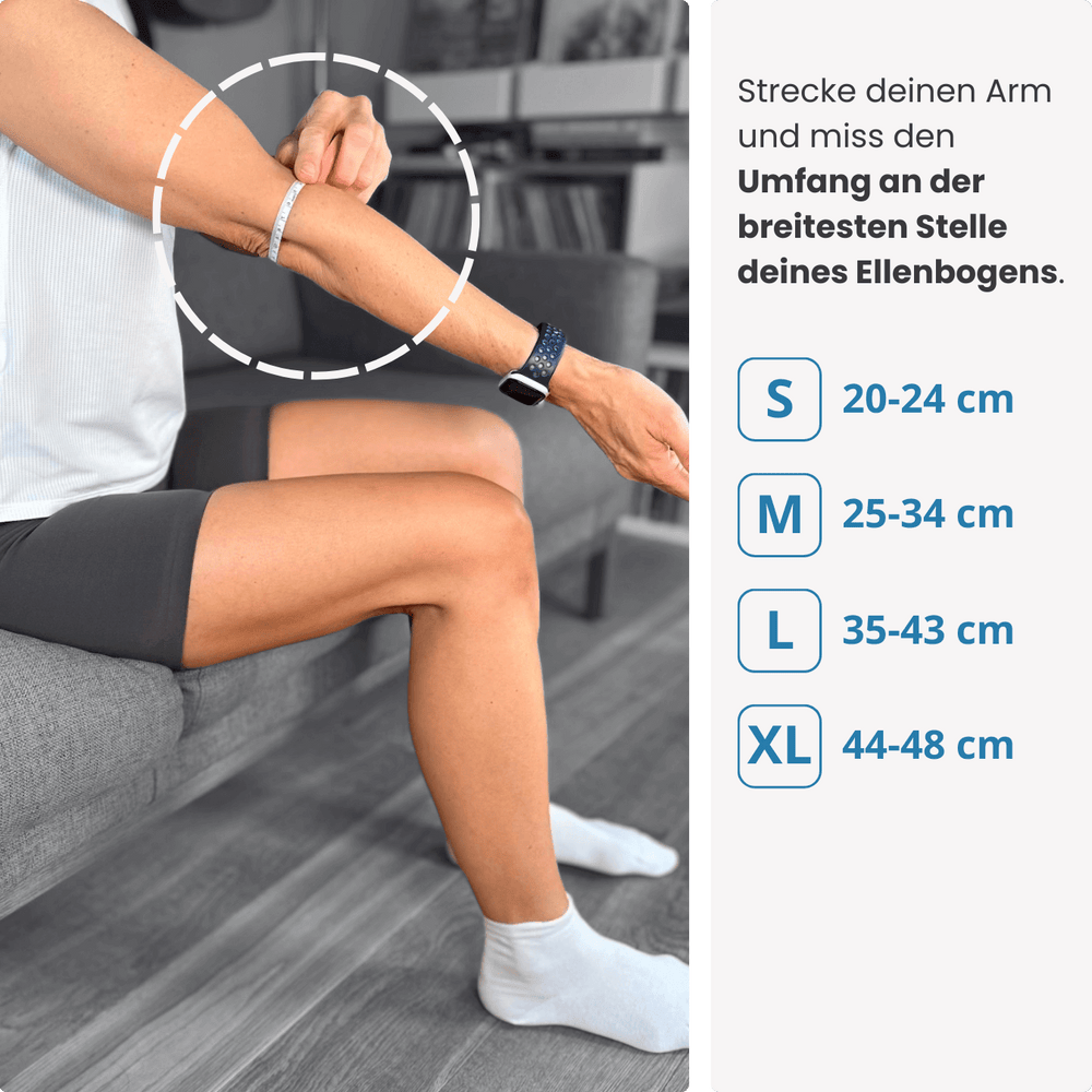 Finde deine passende Größe: Miss den Umfang deines Ellenbogens an der breitesten Stelle – wähle zwischen S, M, L und XL für optimalen Sitz.