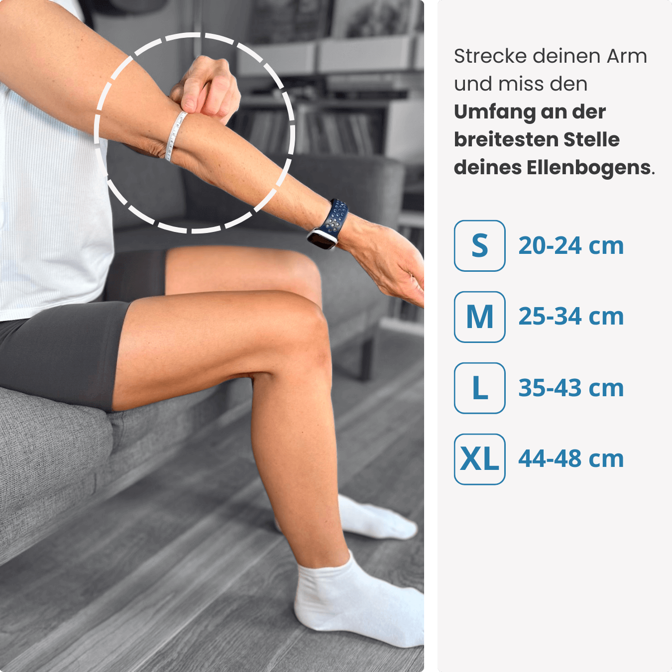 Finde deine passende Größe: Miss den Umfang deines Ellenbogens an der breitesten Stelle – wähle zwischen S, M, L und XL für optimalen Sitz.