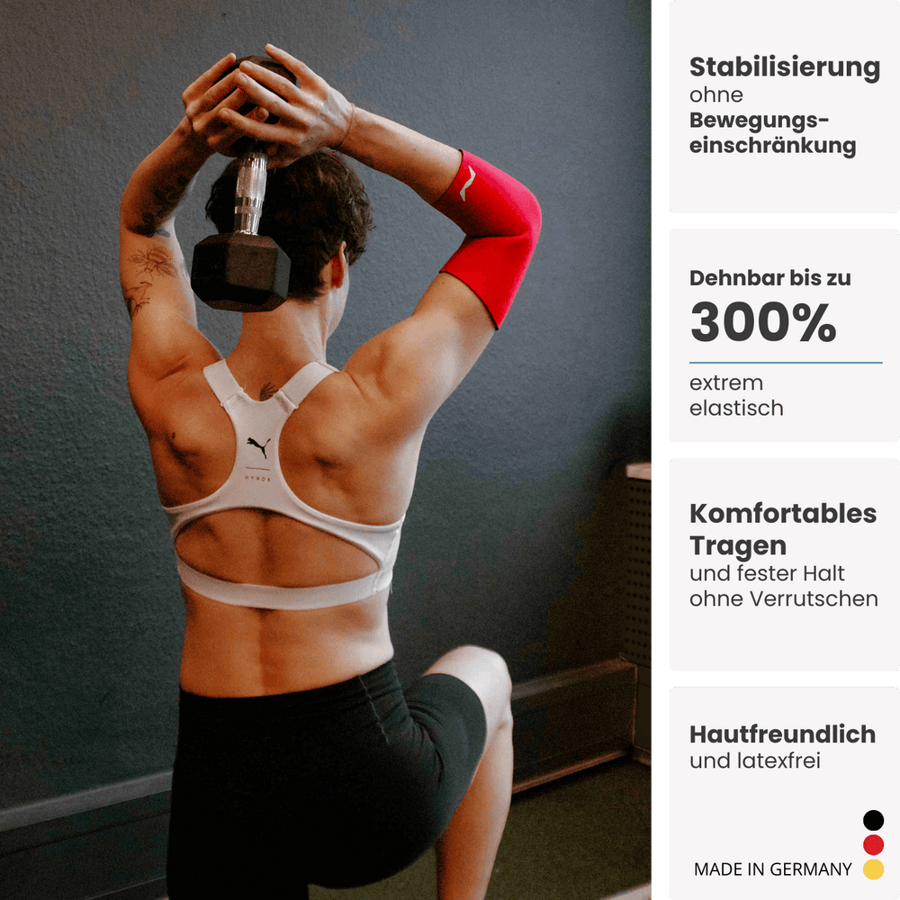 Sportlerin trainiert mit Kurzhantel, trägt rote neolevee Ellbogenbandage für Stabilität und Bewegungsfreiheit beim Workout.
