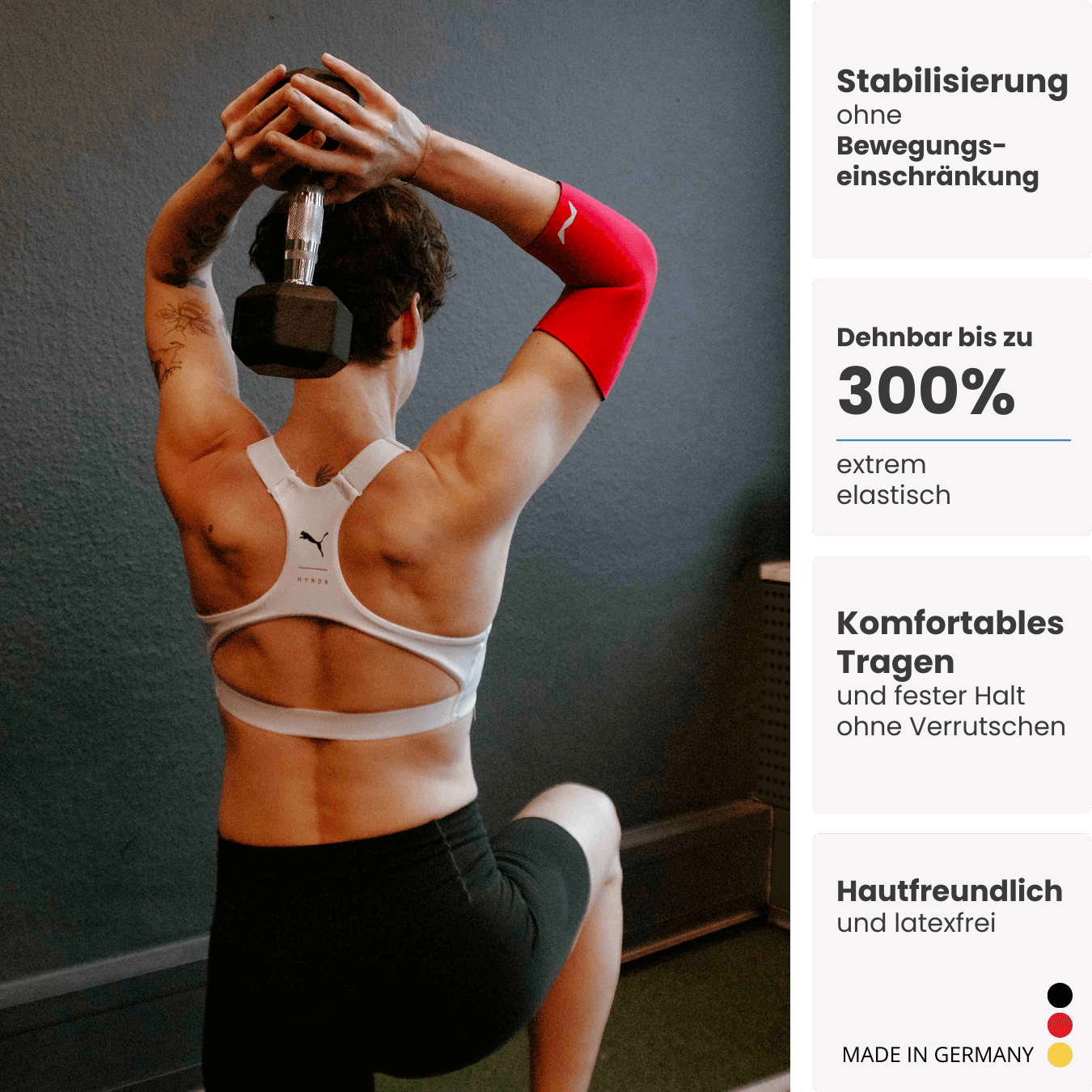 Sportlerin trainiert mit Kurzhantel, trägt rote neolevee Ellbogenbandage für Stabilität und Bewegungsfreiheit beim Workout.