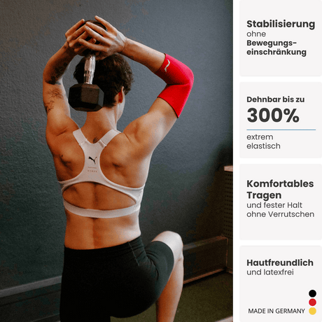 Sportlerin trainiert mit Kurzhantel, trägt rote neolevee Ellbogenbandage für Stabilität und Bewegungsfreiheit beim Workout.