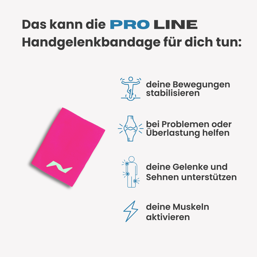 Die PRO LINE Bandage hilft dir bei Überlastung oder Beschwerden im Handgelenk, stabilisiert deine Bewegungen und aktiviert gezielt Muskeln und Sehnen.