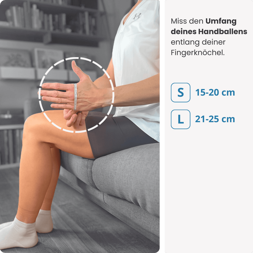 Finde deine Größe: Miss den Umfang deines Handballens entlang der Fingerknöchel – und wähle die passende PRO LINE Bandage in S oder L.
