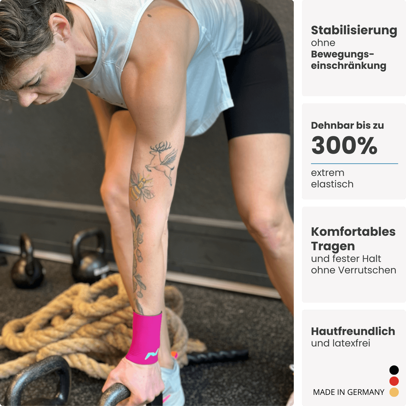 Ob Kettlebell-Workout oder Bodyweight-Training: Die PRO LINE Bandage schützt dein Handgelenk zuverlässig bei intensiven Bewegungen.