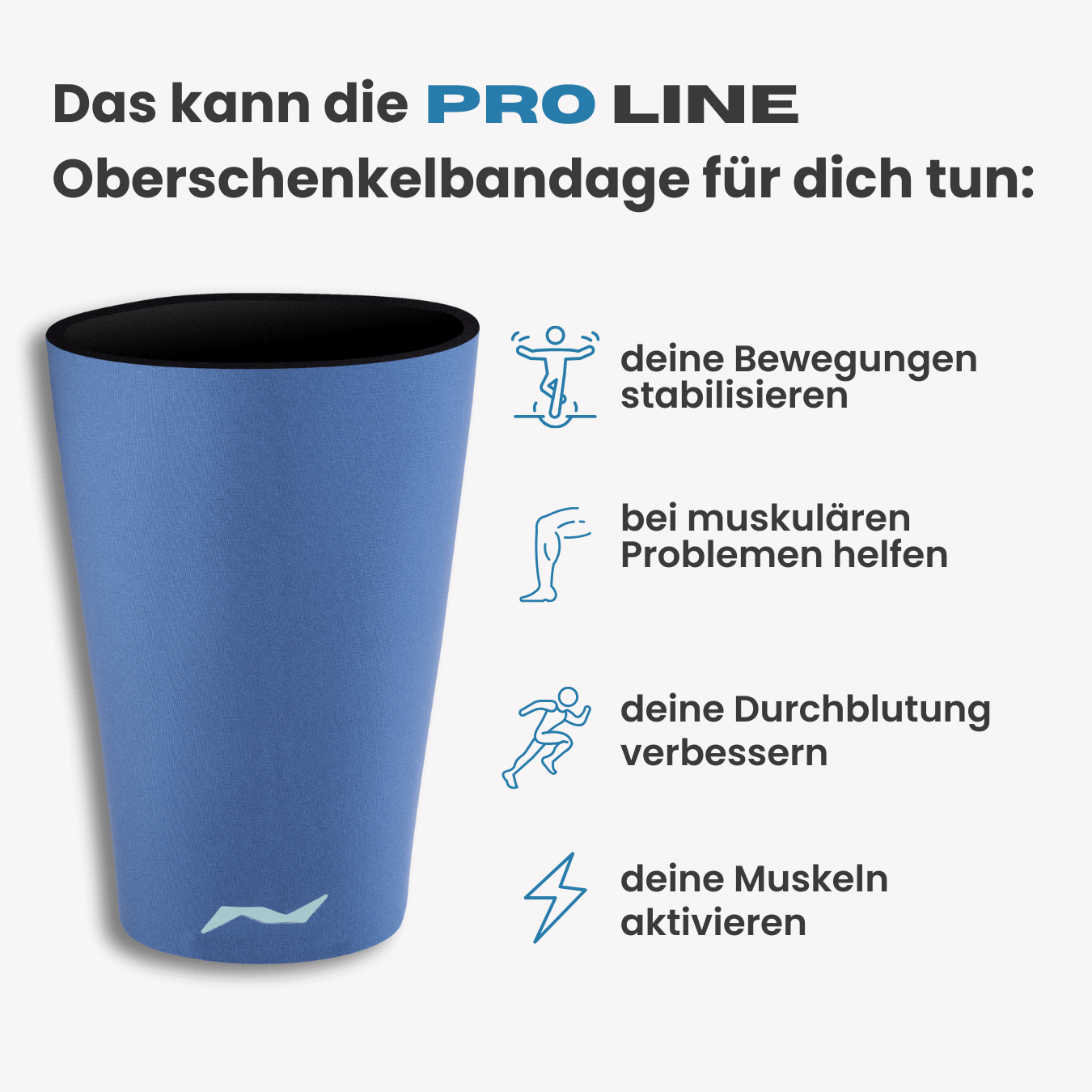 Blaue neolevee Pro Line Oberschenkelbandage zur Stabilisierung, Muskelunterstützung, besserer Durchblutung und Aktivierung beim Sport