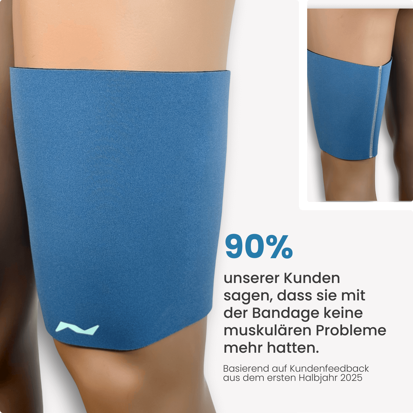 90 % unserer Kund:innen berichten von weniger muskulären Beschwerden mit der PRO LINE Oberschenkelbandage – für Sport & Alltag.