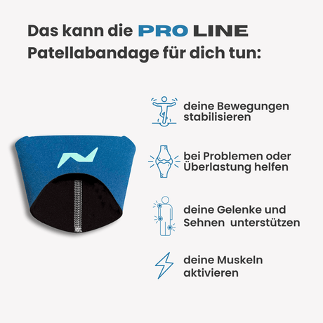 Die PRO LINE Patellabandage hilft bei Überlastung, stabilisiert deine Bewegungen und unterstützt gezielt Patellasehne und umliegende Muskulatur.