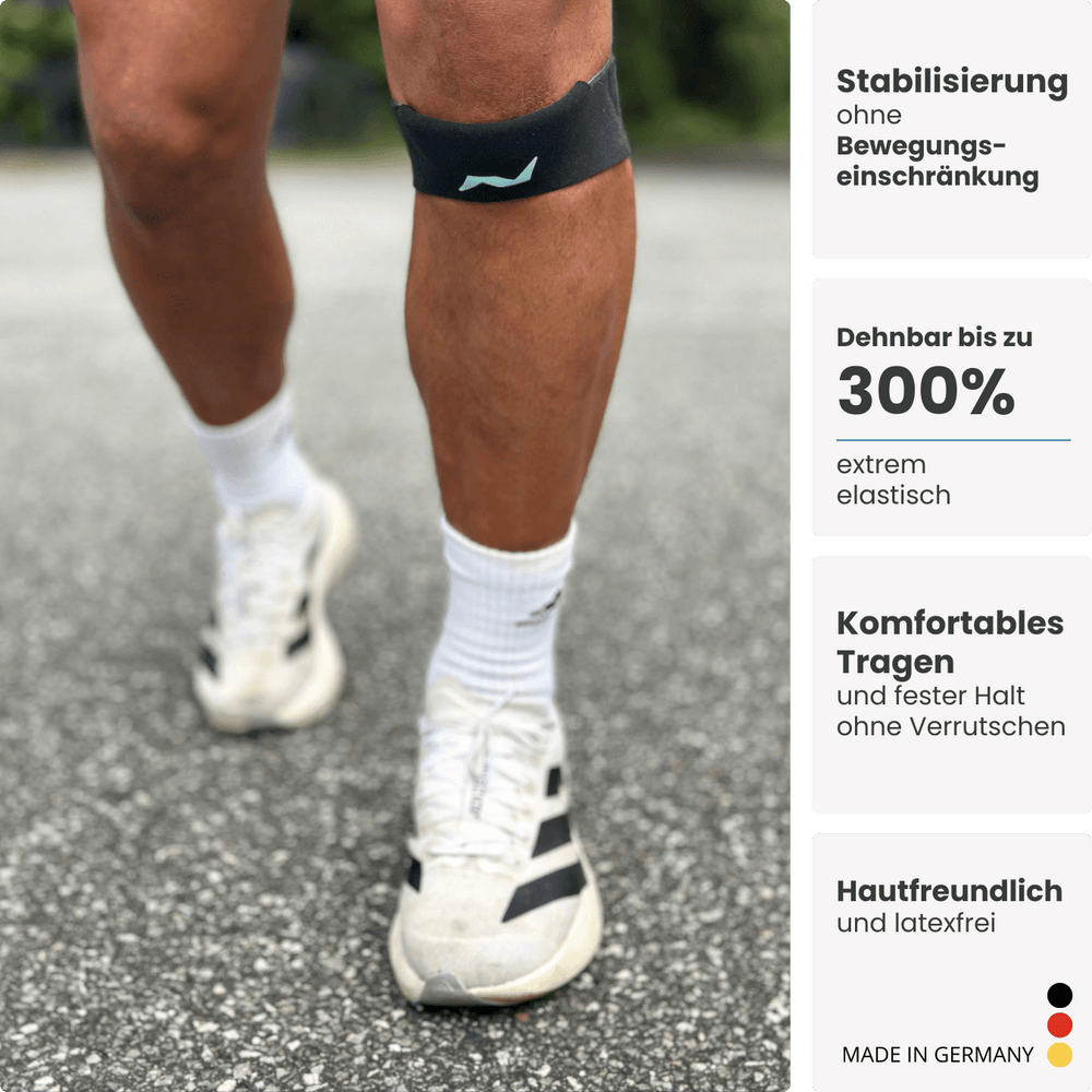 Ob beim Laufen oder im Alltag: Die PRO LINE Patellabandage in Jet Black schützt dein Knie vor Überlastung und bleibt sicher an Ort und Stelle.
