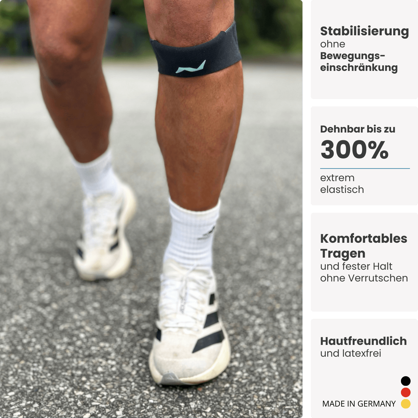 Ob beim Laufen oder im Alltag: Die PRO LINE Patellabandage in Jet Black schützt dein Knie vor Überlastung und bleibt sicher an Ort und Stelle.