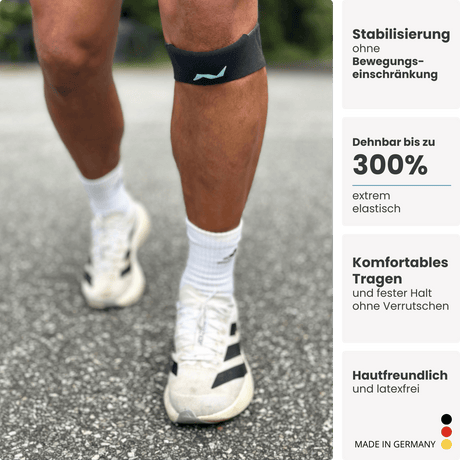 Ob beim Laufen oder im Alltag: Die PRO LINE Patellabandage in Jet Black schützt dein Knie vor Überlastung und bleibt sicher an Ort und Stelle.