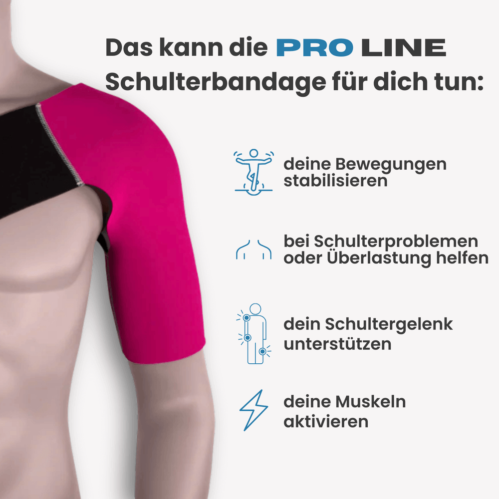 Die PRO LINE Schulterbandage kann Überlastung lindern, dein Gelenk stabilisieren und deine Muskulatur aktivieren – für mehr Leistung und Wohlbefinden.