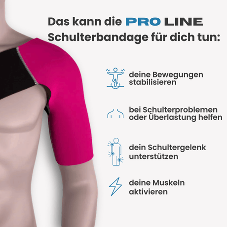 Die PRO LINE Schulterbandage kann Überlastung lindern, dein Gelenk stabilisieren und deine Muskulatur aktivieren – für mehr Leistung und Wohlbefinden.
