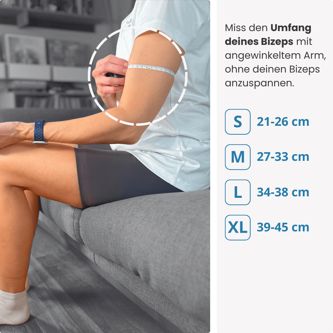 Finde deine passende Größe: Miss den Umfang deines Bizeps mit angewinkeltem Arm und wähle die PRO LINE Schulterbandage in S, M, L oder XL.