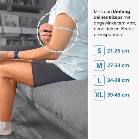 Finde deine passende Größe: Miss den Umfang deines Bizeps mit angewinkeltem Arm und wähle die PRO LINE Schulterbandage in S, M, L oder XL.