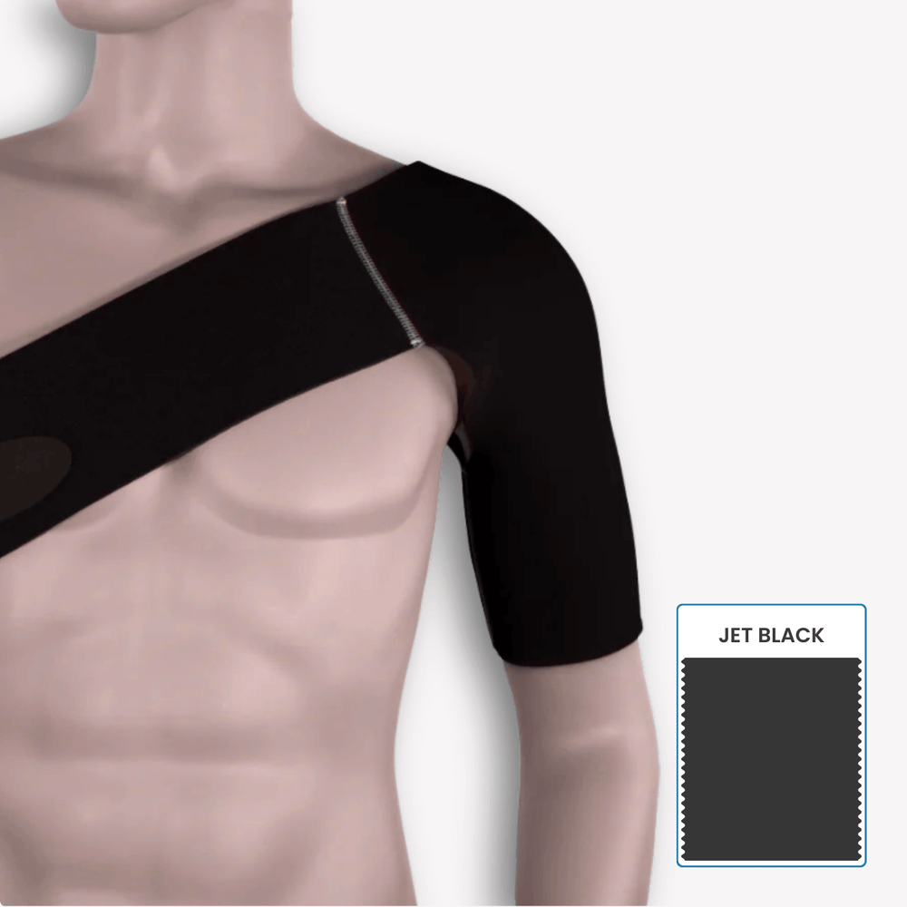 Schulterbandage PRO LINE in Jet Black – stützt deine Schulter bei Sport und Alltag, bleibt dabei unauffällig und maximal flexibel.