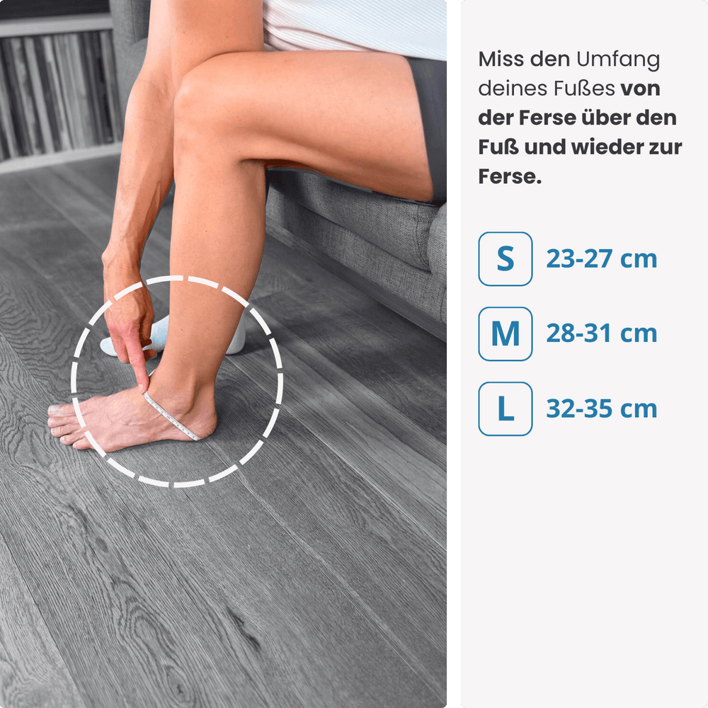 Finde deine Größe: Miss den Umfang deines Fußes von der Ferse über den Spann bis zur Ferse – die PRO LINE Bandage gibt’s in S, M und L.