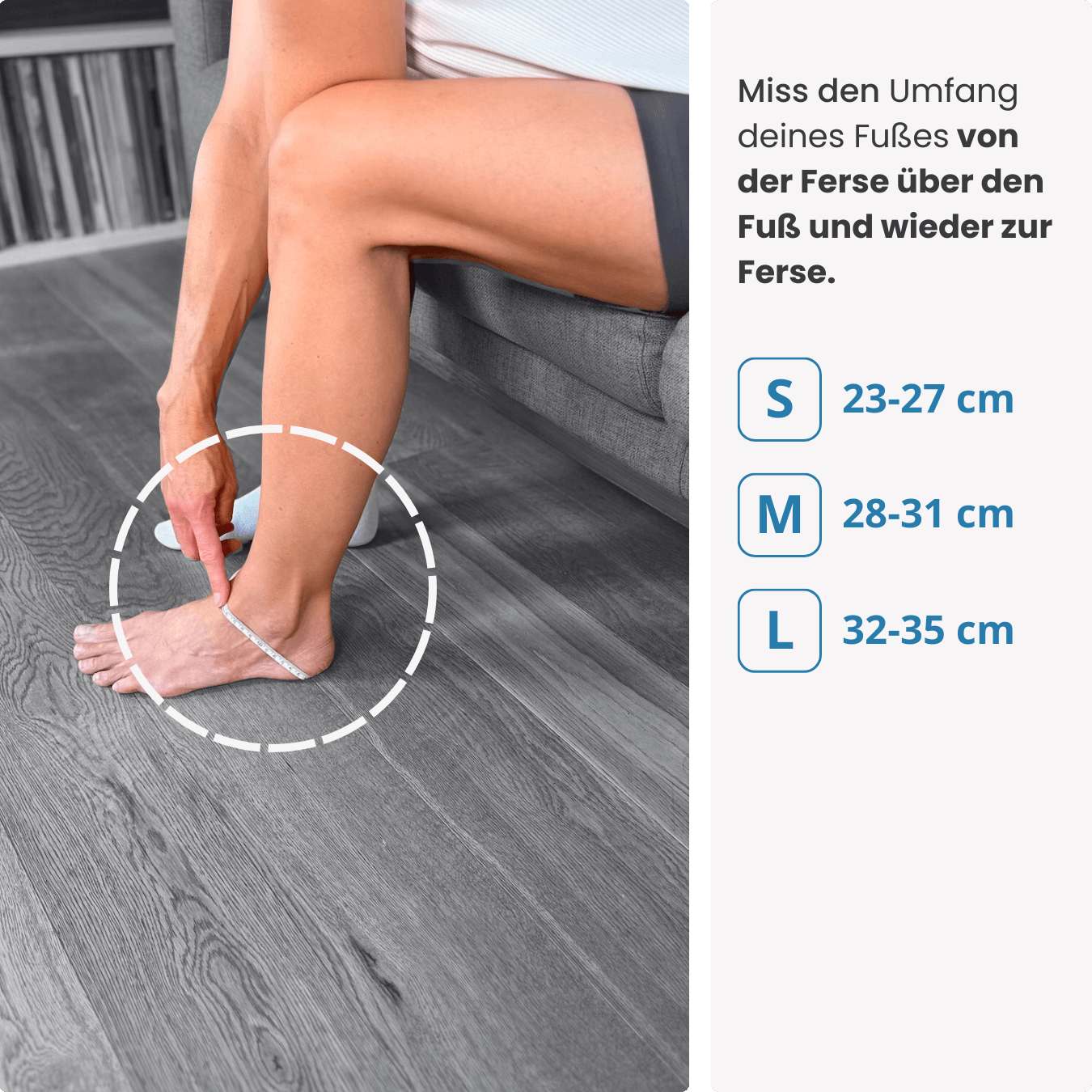 Finde deine Größe: Miss den Umfang deines Fußes von der Ferse über den Spann bis zur Ferse – die PRO LINE Bandage gibt’s in S, M und L.