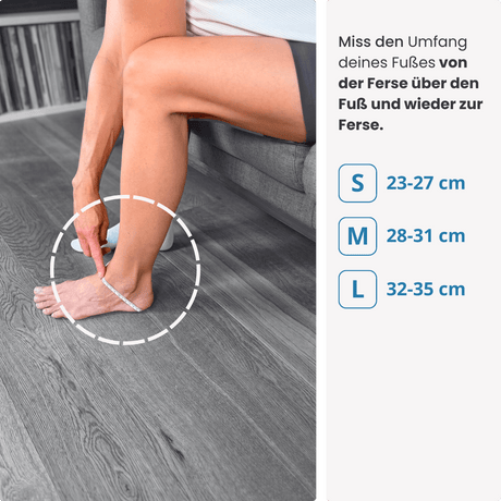 Finde deine Größe: Miss den Umfang deines Fußes von der Ferse über den Spann bis zur Ferse – die PRO LINE Bandage gibt’s in S, M und L.