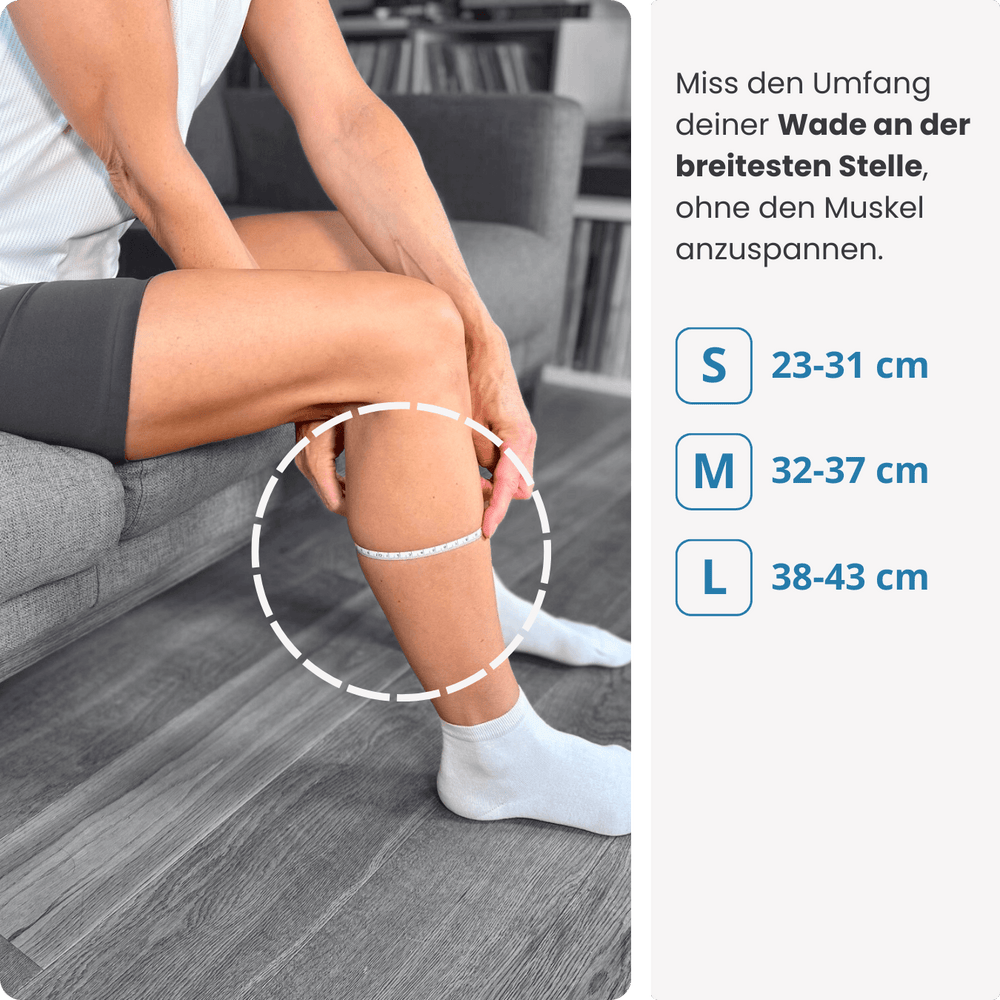 Miss den Umfang deiner Wade an der breitesten Stelle – ohne Anspannung – und wähle deine Größe der PRO LINE Bandage in S, M oder L.