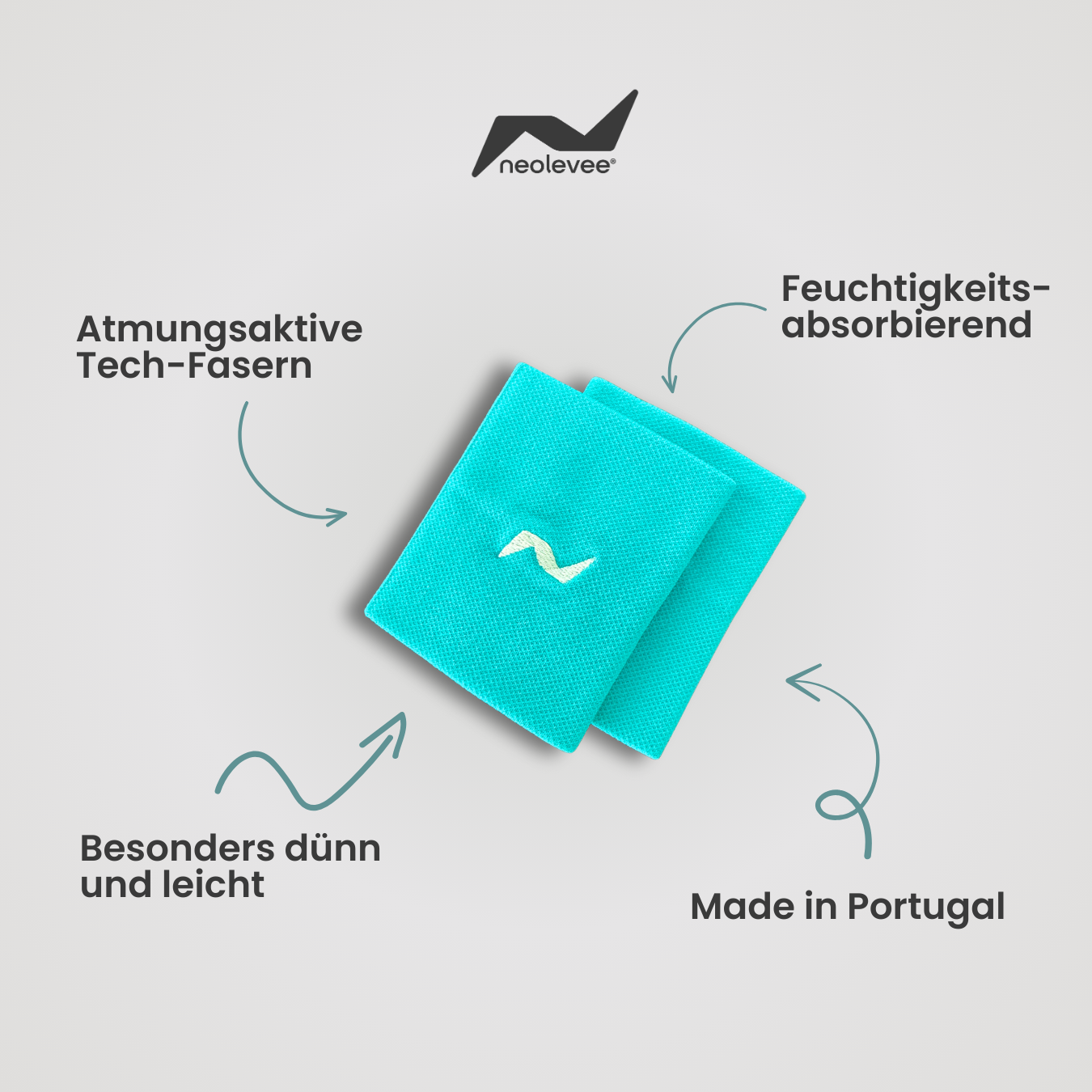 AeroLine Sweatbands in Türkis – atmungsaktive, feuchtigkeitsabsorbierende Schweißbänder aus leichten Tech-Fasern. Hergestellt in Portugal.