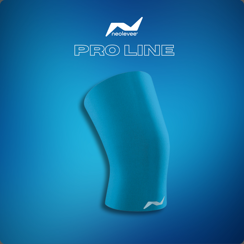 Blue neolevee Pro Line knee sleeve on blue background product presentation
