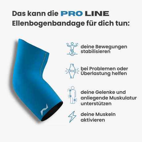 Stabilisiere dein Gelenk bei Belastung: Die PRO LINE Ellenbogenbandage kann bei Beschwerden helfen, deine Muskeln aktivieren und Bewegungen gezielt unterstützen.
