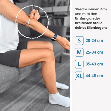 Finde deine passende Größe: Miss den Umfang deines Ellenbogens an der breitesten Stelle – wähle zwischen S, M, L und XL für optimalen Sitz.
