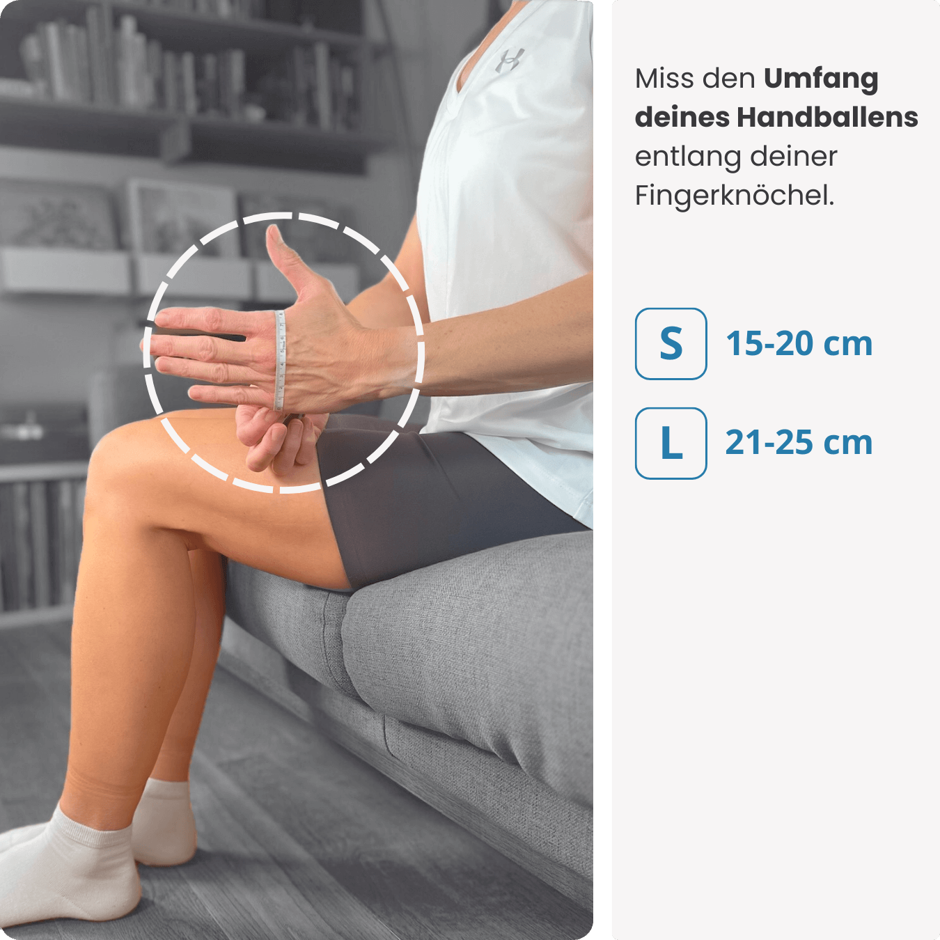 Finde deine Größe: Miss den Umfang deines Handballens entlang der Fingerknöchel – und wähle die passende PRO LINE Bandage in S oder L.
