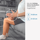 Finde deine Größe: Miss den Umfang deines Handballens entlang der Fingerknöchel – und wähle die passende PRO LINE Bandage in S oder L.
