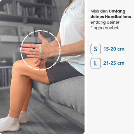 Finde deine Größe: Miss den Umfang deines Handballens entlang der Fingerknöchel – und wähle die passende PRO LINE Bandage in S oder L.
