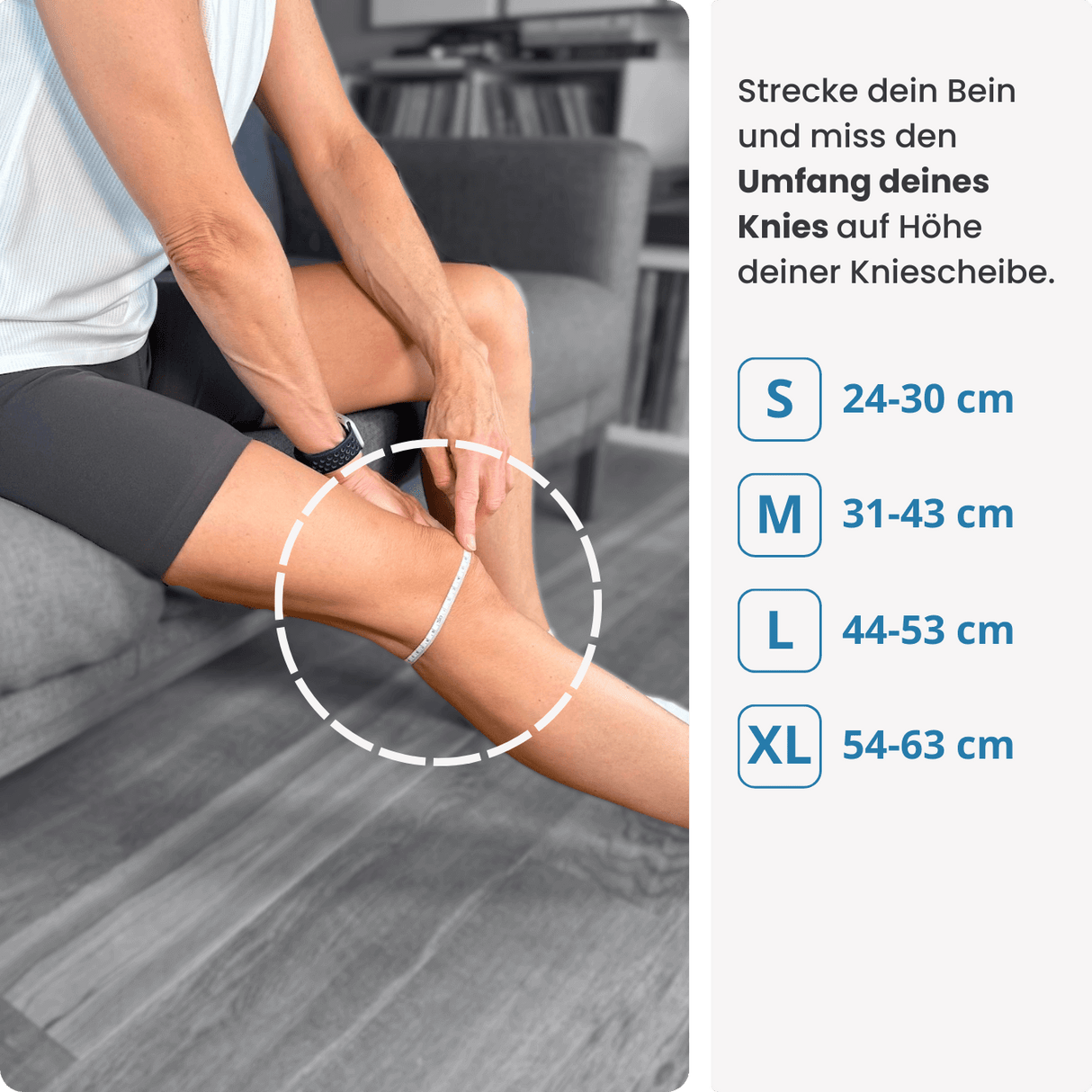 Miss dein Bein auf Höhe der Kniescheibe, um die richtige Größe für deine PRO LINE Bandage zu finden – verfügbar in S, M, L und XL.
