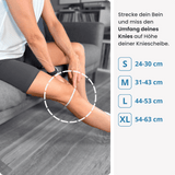 Miss dein Bein auf Höhe der Kniescheibe, um die richtige Größe für deine PRO LINE Bandage zu finden – verfügbar in S, M, L und XL.
