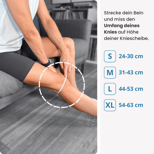 Miss dein Bein auf Höhe der Kniescheibe, um die richtige Größe für deine PRO LINE Bandage zu finden – verfügbar in S, M, L und XL.
