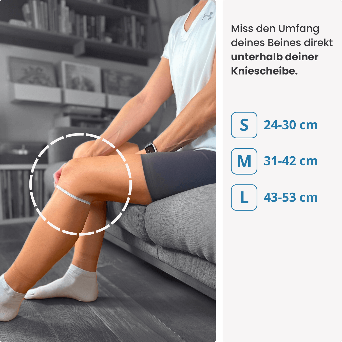 Miss den Umfang deines Beins direkt unterhalb der Kniescheibe – finde deine passende Größe der PRO LINE Bandage in S, M oder L.
