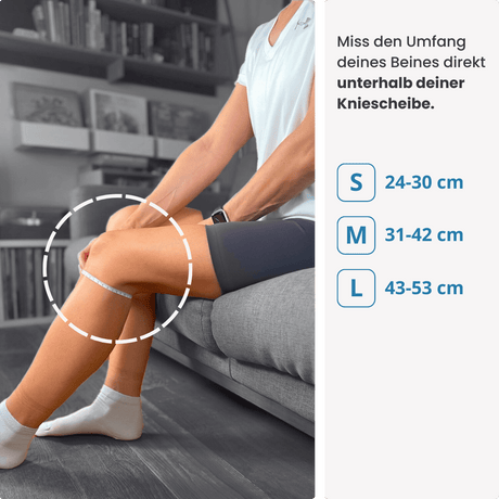 Miss den Umfang deines Beins direkt unterhalb der Kniescheibe – finde deine passende Größe der PRO LINE Bandage in S, M oder L.
