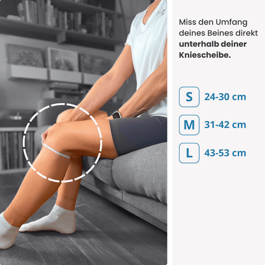 Miss den Umfang deines Beins direkt unterhalb der Kniescheibe – finde deine passende Größe der PRO LINE Bandage in S, M oder L.
