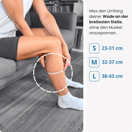Miss den Umfang deiner Wade an der breitesten Stelle – ohne Anspannung – und wähle deine Größe der PRO LINE Bandage in S, M oder L.
