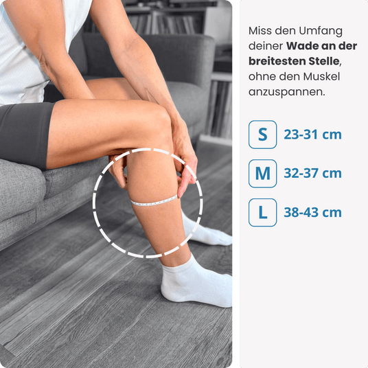 Miss den Umfang deiner Wade an der breitesten Stelle – ohne Anspannung – und wähle deine Größe der PRO LINE Bandage in S, M oder L.

